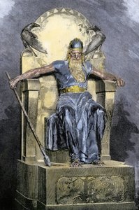 Nordische Mythologie: Darstellung der Gottheit Wotan (Odin) (Farbstich des 19. Jahrhunderts) von Unbekannter Künstler