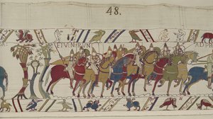 Normannische Soldaten verlassen Hastings, um gegen Harold zu kämpfen, Teppich von Bayeux (Wollstickerei auf Leinen)