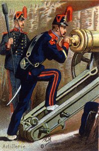 O: Artillerie. Gravur in "Militäralphabet". Chromolithographien Ende des 19. Jahrhunderts.