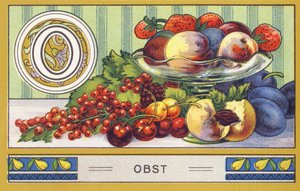 O: Obst - Alphabet Palmin. Serie von Chromolithographien herausgegeben von H. Schlinck & Cie, Hamburg. Werbung für Palmin feinstes Kokosfett. von William M. Timlin