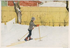 Eines der Kinder des schwedischen Illustrators Carl Larsson (1853-1919) lernt, sich auf Skiern zu bewegen. Zeichnung aus „Das Haus in der Sonne“ 1921 von Unbekannt