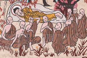 Ong Nui buddhistische Pagode, Wandfresko, Das Leben des Buddha, Nach 45 Jahren der Lehre des Dharma ging der Buddha ins Parinirvana ein, Quy Nhon, Vietnam, 2019 (Foto) von Unbekannt