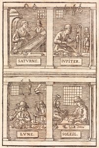 Goldschmiedekunst und alchemistische Symbole: Saturn und Blei, Jupiter und Zinn, der Mond und Silber, die Sonne und Gold