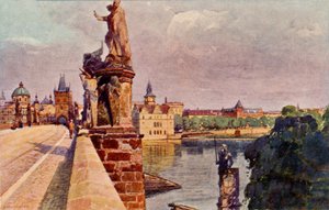 Prag - die Moldau unter der Karlsbrücke mit ihren großen Statuen und Menschen, die entlang der Brücke spazieren von Unbekannter Künstler