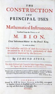 Titelblatt des Buches von Nicolas Bion (1652-1933) über mathematische Instrumente, englische Übersetzung, mit Zusatz der "englischen Verbesserungen", herausgegeben in London 1723