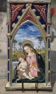 Bemalte Keramikfliese, die Madonna und Kind darstellt, Gualdo Tadino, Umbrien, Italien von William M. Timlin