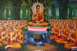 Gemälde, das Buddha zeigt, wie er Mönchen lehrt, Udong, Kambodscha