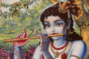Gemälde darstellend den hinduistischen Gott Krishna, der draußen Flöte spielt. Indien von Unbekannt