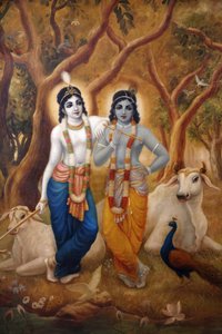 Gemälde darstellend den hinduistischen Gott Krishna neben seinem Bruder Balaram. Indien