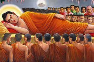 Gemälde, das einen liegenden Buddha in Wat Toul Tompong Phnom Penh, Kambodscha, darstellt