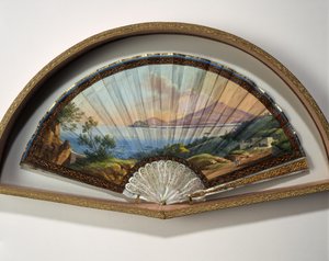 Papierfächer-Modell mit einer Gouache-Malerei, die die Reiseziele der Grand Tour darstellt, normalerweise eine praktische Reise von Künstlern und Intellektuellen des 18. und 19. Jahrhunderts in die Mittelmeerländer während ihrer Jugend zur Bildung und Bere
