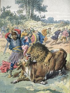 Pippin der Kurze kämpft auf dem Marsfeld gegen einen Löwen und einen Stier, um seinen Mut zu beweisen (751)