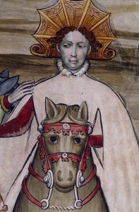 Person zu Pferd, Detail (Fresko im Schloss Manta, 15. Jahrhundert), Saluzzo, Piemont, Italien von Benjamin Baud