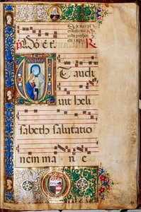 Piccolomini-Bibliothek: Chorbuch, cod. 14.P., ff. 46r mit Maria und St. Elisabeth, von Giovanni di Giuliano Boccardi, bekannt als Boccardino der Ältere von Unbekannter Künstler