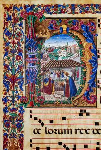 Piccolomini-Bibliothek: Chorbuch, Cod. 2.B, ff. 5v mit „Geburt Christi“, von Florentiner Illuminator. (Detail) von Unbekannter Künstler