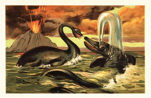 Plesiosaurus und Ichthyosaurus kämpfen vor einem ausbrechenden Vulkan