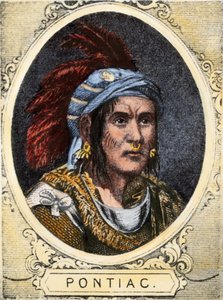 Porträt von Pontiac (oder Obwandiyag, ca. 1714-1769), Häuptling des Indianerstammes der Outaouais-Indianer von Detroit (Ottawa-Nation). Farbige Gravur des 19. Jahrhunderts. von Unbekannter Künstler