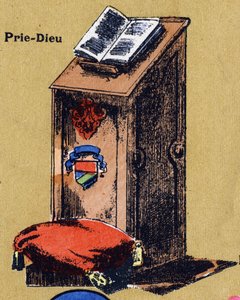 Betet zu Gott. Illustriertes Alphabet. Bildereien vereint in Jarville-Nancy, Anfang des 20. Jahrhunderts. Dim: 40 x 29 cm. Lithographie auf bistre Hintergrund