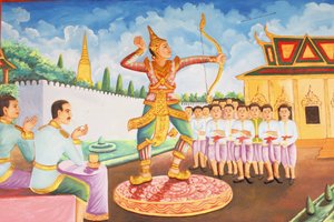 Preah Prom Rath Kloster, Leben des Buddha, Prinz Siddhartha Gautama wurde ein Meister im Schwertkampf, Ringen und Bogenschießen, Siem Reap, Kambodscha