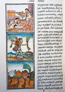 Federverarbeitung, Text in Nahuatl, aus Faksimile des Manuskripts Allgemeine Geschichte der Dinge von Neuspanien, auch bekannt als Florentiner Kodex, von Bernardino de Sahagun von William M. Timlin