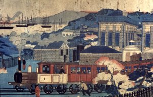 Eisenbahn in einem japanischen Hafen, Ende des 19. Jahrhunderts (Gravur) von Unbekannter Künstler