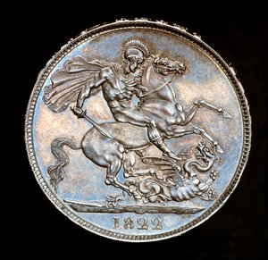 Seltene britische Münze, König George IV, Proof-Silberkrone, Schutzpatron von England zu Pferd mit Schwert, bereit den Drachen zu töten, Stempel von Benedetto Pistrucci
