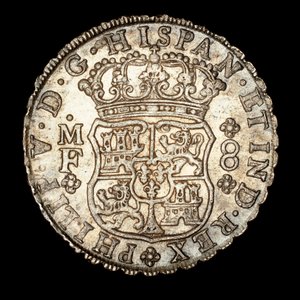 Seltene Silbermünze, Spanisch-Amerika König Ferdinand VI, 8 Reale, gekröntes Schild mit spanischen Wappen 1740 (Foto)