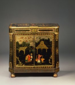 Regency Tole Peinte schwarz lackierter Seitenschrank, zeigt bemalte Türen mit Figuren von Kaufleuten in einer Landschaft, selten, ca. 1815 von Unbekannt