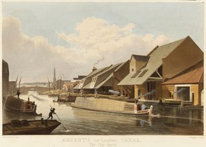 Regent-Kanal (oder London-Kanal) (England) und das Islington City Basin, das wichtigste Verkehrszentrum am Kanal, beschrieben mit Lagerhäusern und Ladedocks für Waren