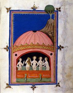 Darstellung von Bädern. Seite aus dem Manuskript „De Balneis Puteolanis“ (Die Bäder von Pozzuoli) von Pietro da Eboli (Ebulo) (aktiv um 1196-1220) 1475-1500 von Unbekannter Künstler