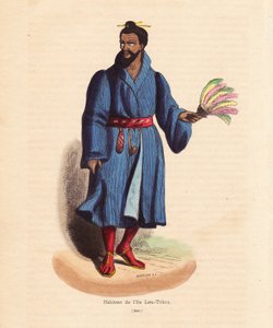 Bewohner der Ryu-Kyu-Inseln (Okinawa, Japan) - Mann der Lou-Tchou-Inseln (RyukYu-Inseln oder modernes Okinawa) - Handkolorierter Holzschnitt von Mercier aus „Habits, Uses et Costumes de tous les Peuples du Monde, Asie,“ von Auguste Wahlen, Pseudonym von J von Unbekannter Künstler