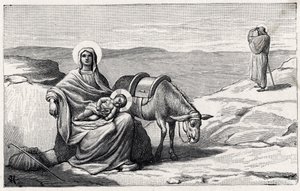 Ruhe während der Flucht nach Ägypten. Alphabet des Jesuskindes. Ausgabe von 1932. Holzschnitte signiert H G. Private Sammlung