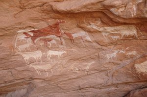 Felskunst, Vorgeschichte: Malerei eines Viehbestands in einem verzierten Schutzraum im Uweinat-Massiv, Sudan (Karkur-Talh oder Karkur Talh). Zeitraum von 8000 bis 3000 Jahre v. Chr. Fotografie