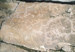 Felszeichnungen im Hunza-Tal, nahe dem archäologischen Gebiet Karimabad, Pakistan