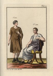 Römischer Mann in der Paenula und ein sitzender römischer Senator. Handkolorierter Kupferstich aus Robert von Spalarts 