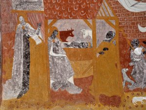 Romanische Kunst: Fresken der Begräbniskapelle Sainte Catherine de Jouhet, Vienne, Poitou-Charentes, Frankreich. Geburt Christi. Fotografie von Unbekannter Künstler