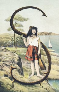 S: Ein junges Mädchen in kurzem Rock und ärmellosem Mieder hält eine Mandoline in der linken Hand. Ländliche Umgebung - Alphabet Figuren Ref Th. E., L. Theochrom - Serie 994. Theodor Eisman, Verleger, Leipzig von Unbekannt