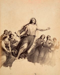 Die heilige Lucia, mit Fackel in der Hand, fliegt durch das Firmament des Empyreums, umgeben von Jugendlichen. Illustration des Canto XXXII in Paradiso aus der Göttlichen Komödie von Dante Alighieri. Werk von Francesco Scaramuzza, gewidmet der Gemeinde Flo