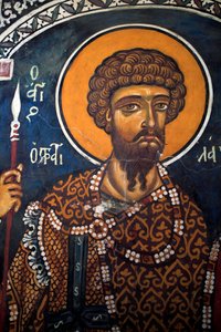 Heiliger Theodor Statelates: Byzantinisches Fresko aus dem 14. Jahrhundert (1332) Phorbiotissa Jungfrauenkirche, Asinou Zypern Bemalte Kirchen UNESCO-Stätte Troodos, Zypern von Unbekannt