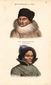Sami oder Lappen. Jannes Holm mit Pelzmütze und Kragen, und seine Frau mit pelzbesetzter Mütze, norwegische Lappländer. Hyperboreer oder Finnen. Handkolorierter Stahlstich von Lizars nach einer Illustration von Charles Hamilton Smith aus seiner Natural His