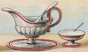 Sauciere und Zuckerdose. Gravur in "Alphabet de ma petite fille". Bernardin-Bechet und Fils, Buchhändler-Verleger, Paris, um 1895. von Unbekannt