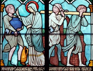 Szene aus dem Leben des heiligen Ludwig, Buntglasfenster aus der Kathedrale Notre Dame, Paris, Île-de-France, Frankreich von Benjamin Baud