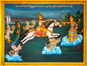 Szene aus dem Leben Buddhas, Shwedagon-Pagode, Yangon, Myanmar