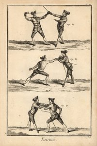 Zweite Position des Entwaffnens in Terz, Entwaffnung auf der Karte oder zweite Stoß, und zweite Position des Entwaffnens auf der Karte. Kupferstichgravur von Robert Benard aus dem Fechtabschnitt von Denis Diderots Enzyklopädie, Pellet, Genf