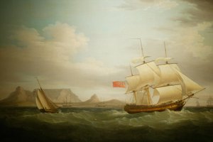 Schiff vor Kapstadt in Südafrika. Gemälde. Nationalmuseum für Kultur, Pretoria, Südafrika