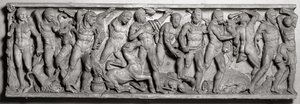 Seite eines Sarkophags, der die Arbeiten des Herkules darstellt, römisch, 2. Jahrhundert (Marmor)