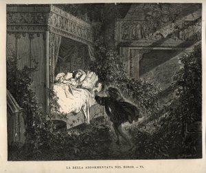 Dornröschen: Der Prinz entdeckt die hundert Jahre schlafende Prinzessin. Gravur von Gustave Doré (1832-1883) aus „Les contes“ von Charles Perrault (1628-1703)