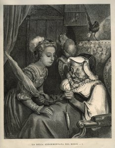 Dornröschen: Die Prinzessin entdeckt eine alte Frau beim Spinnen von Wolle. Gravur von Gustave Doré (1832-1883) aus „Les contes“ von Charles Perrault (1628-1703) von Unbekannt