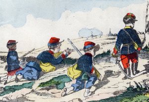 Scharfschützen. Gravur in "Alphabet militaire enfantin". Bildgebung von Pont-a-Mousson, um 1890. 20 Seiten.
