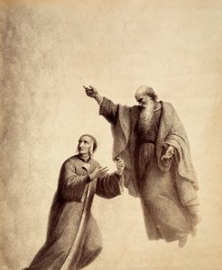 St. Bernhard zeigt Dante die Rose der Seligen, wo Beatrice sitzt. Illustration von Canto XXXI in Paradiso der Göttlichen Komödie von Dante Alighieri. Werk von Francesco Scaramuzza, gewidmet der Gemeinde Florenz.